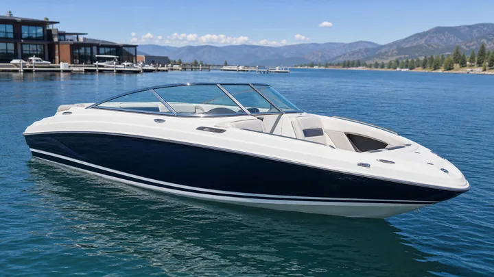 White and navy bowrider on a mountain lake